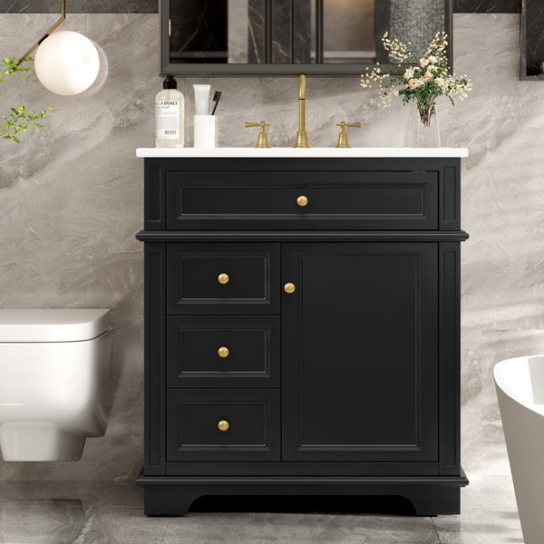 English Elm 30" Freestanding Bathroom Vanity Acacia Wood Matte Black Finish Gold Knobs Ceramic Sink N759P227429B