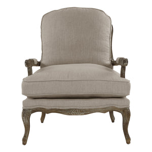 English Elm Formal Parlier Accent Chair — Carved Solid Wood Frame, Woven Rattan Back, Gray Weathered Finish, Plush Upholstery B011P255728