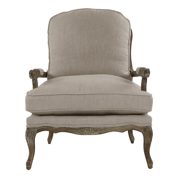 English Elm Formal Parlier Accent Chair — Carved Solid Wood Frame, Woven Rattan Back, Gray Weathered Finish, Plush Upholstery B011P255728