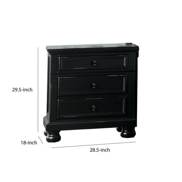 English Elm Transitional Black Wood Nightstand with Bun Legs and Three Drawer Hidden Storage B056P417105