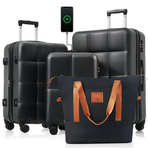 English Elm Luggage Set 4 Piece Abs Hard Shell Spinner Suitcases with Usb Port and Cup Holder Black+Brown N726P185038A