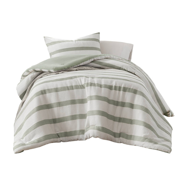 English Elm 2-piece Yarn-dyed Striped Polyester Comforter Set with Seersucker Texture for Year-round Comfort Sage Green B035P463221