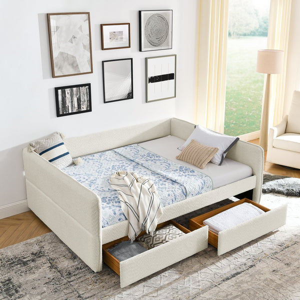 English Elm Daybed With Trundle And Storage Drawers, Upholstered In Beige Boucle, Queen Size For Stylish Comfort W1413S00074