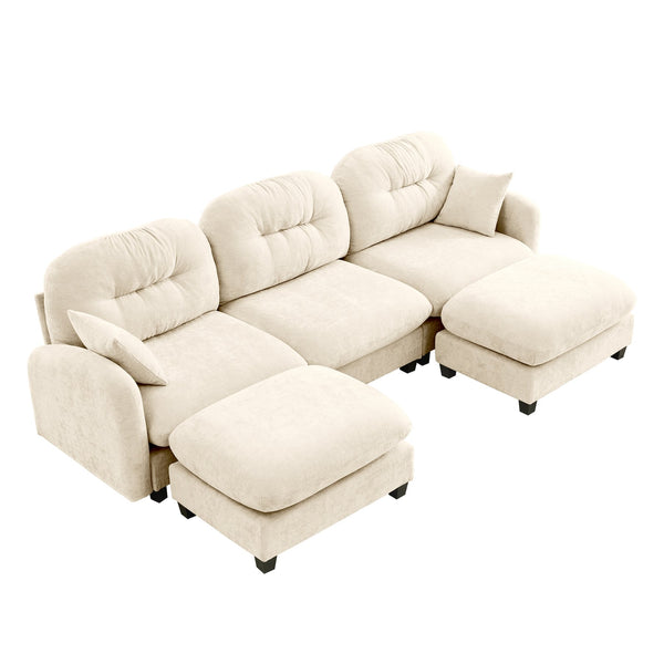 English Elm Modular U-Shaped Sectional Couch With Ottoman, Premium Chenille, Tufted Backrest, 2 Pillows, Beige W714S01369