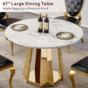 English Elm 47" Round Marble Dining Table - Modern High-Gloss Faux Marble Top & Stainless Steel Base For Chic Dining W3456S00036