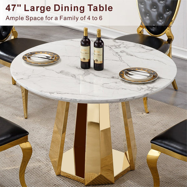 English Elm 47" Round Marble Dining Table - Modern High-Gloss Faux Marble Top & Stainless Steel Base For Chic Dining W3456S00036