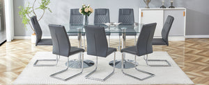 English Elm Table and Chair Set Tempered Glass Top Seats Eight with Pu Leather Dining Chairs Dark Gray,Silver,Transparent W1151S04551