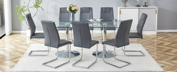 English Elm Table and Chair Set Tempered Glass Top Seats Eight with Pu Leather Dining Chairs Dark Gray,Silver,Transparent W1151S04551