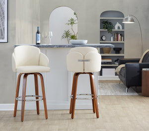 English Elm Fixed-height Mid-century Barstools with Walnut Legs and Grey Upholstered Seats Set B202S01903
