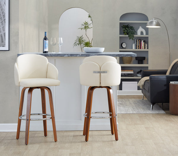 English Elm Fixed-height Mid-century Barstools with Walnut Legs and Grey Upholstered Seats Set B202S01903