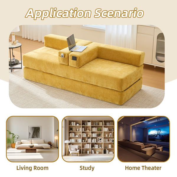 English Elm UNITED Folding Sofa Bed with Removable Cover Zipper, Chenille Memory Foam Sleeper for Small Spaces Yellow W1568P293806