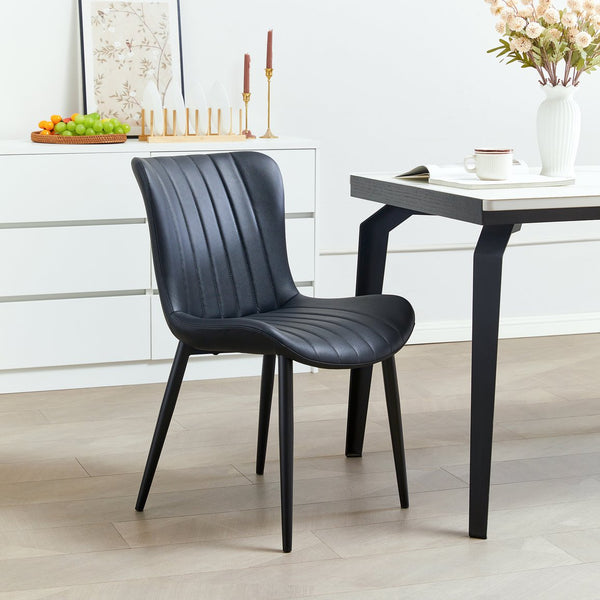 English Elm Set of 2 Dining Chairs with Thick Cushions and PU Leather Upholstery — Modern Sturdy Iron Frames for Home & Restaurant Seating Black N842P300557B