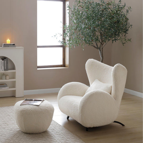 English Elm 2p, Wingback Teddy Fabric Accent Chair with Ottoman Set for Bedroom Lounge W2664S00090