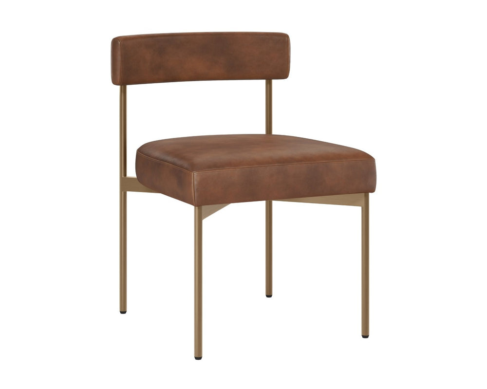 Sunpan SENECA Dining Chair - Chic Bravo Cognac Faux Leather with Antique Brass Frame for Modern Spaces 112566