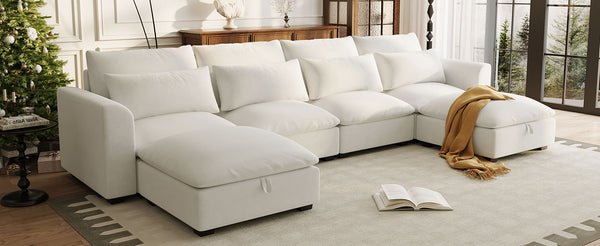 English Elm U_style Modular U-shaped Sectional Sofa Six Seat Linen Fabric with Storage Ottomans Beige WY000491AAA