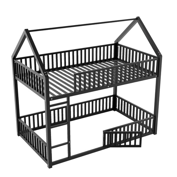 English Elm Metal Twin over Twin House Bunk Bed with Playful Roof, Sturdy Metal Frame, Quiet Support for Kids Black N709P214091B