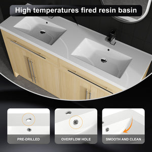 English Elm 60" Freestanding Bathroom Vanity with Dual Resin Sinks, Spacious Soft-Close Cabinet Storage, Durable Finish Oak W1972S00026