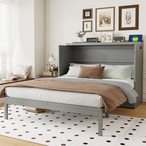 English Elm Queen Murphy Wall Bed Cabinet with Storage Drawer Built-in Power Outlets Usb Ports Gray LP000400AAE-1