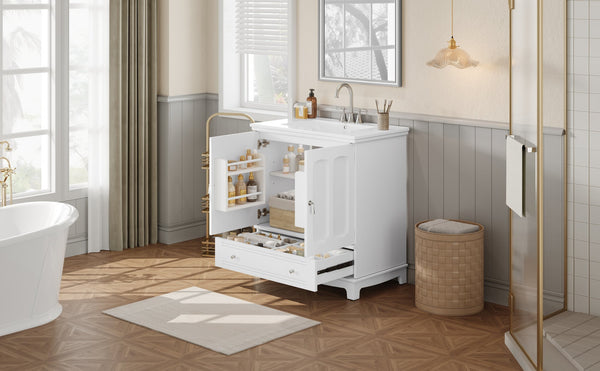English Elm 30" Modern Bathroom Vanity with Ceramic Sink, Solid Wood Frame, Soft-Close Drawer & Adjustable Shelf White N710P293306K