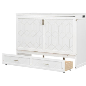 English Elm Queen Murphy Wall Bed Cabinet with Storage Drawer Built-in Power Outlets Usb Ports White LP000400AAK-1