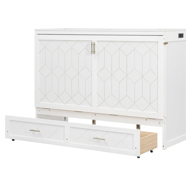 English Elm Queen Murphy Wall Bed Cabinet with Storage Drawer Built-in Power Outlets Usb Ports White LP000400AAK-1