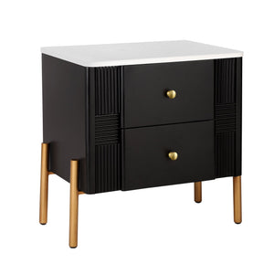 English Elm Christopher Knight Home® - Modern Fluted Nightstand with Two Drawers and Gold Legs, Sleek Textured Bedside Table for Stylish Storage and Easy Cleaning Black 23 L x 18 W x 18 H N761P285710B