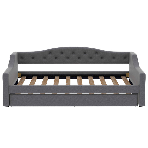 English Elm Upholstered Twin XL Daybed with Built-In LED Belt and Trundle, Linen Backrest, Modern Guest Bed Gray DL002050AAE