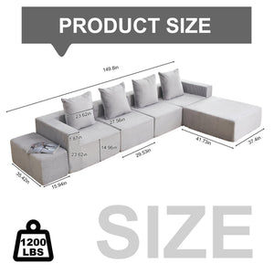 English Elm L-shaped Modular Sectional with Ottoman Corduroy Upholstery Four Seat Living Room Sofa Gray W2699S00082