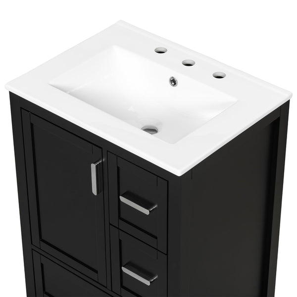 English Elm Modern 24 Inch Bathroom Vanity Solid Wood Cabinet with Ceramic Sink and Soft Close Storage Black N729P292859B