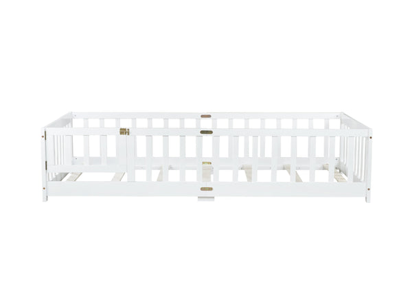 English Elm Twin Low Profile Rubberwood Floor Bed with Full Safety Fence for Toddler Rooms White W504P429270