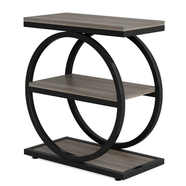 English Elm Modern Two Tier End Table Black Metal Frame Wood Grain Surface for Living Room T3971P453262