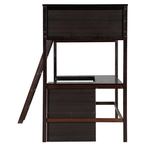 English Elm Twin Loft Bed with Built-in Desk and Open Shelves Solid Pine Kids Study Sleep Espresso LT001537AAP-1