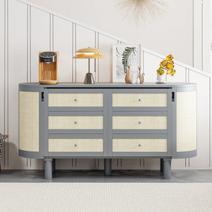 English Elm Full Murphy Bed with Woven Rattan Cabinet Front and Built-in Side Storage Units Gray LP000599AAE