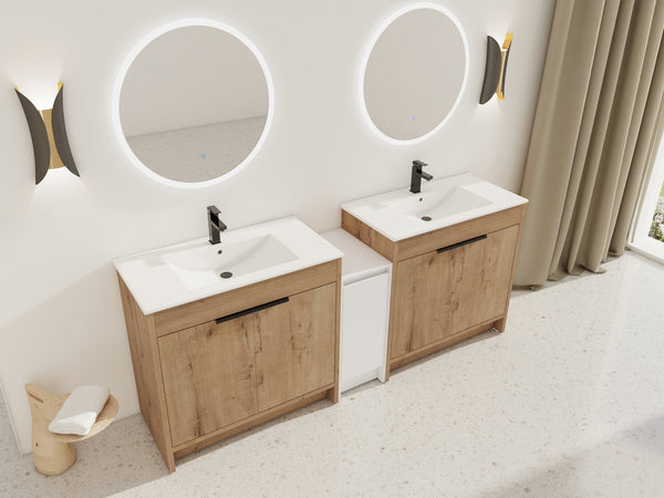 English Elm 84 Inch Freestanding Bathroom Vanity with Integrated Resin Sink, Soft-Close Doors, Shelves & Extra Storage Space Glossy White,Imitative Oak W999S00325