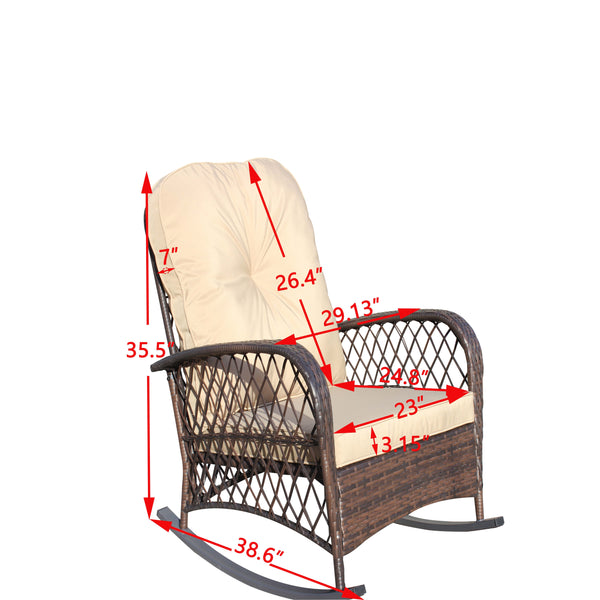 English Elm Outdoor Wicker Rocking Chair with Wide Seat, Thick Removable Cushion, Steel Frame, Weather-Resistant Rocker for Patio Garden Relaxation Brown W209P265093