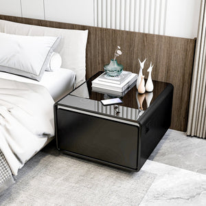 English Elm Modern Smart Side Table With Mini Fridge, Wireless Charging, Usb Ports & Induction Light - Black W1172P178854