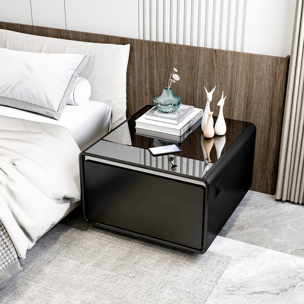 English Elm Modern Smart Side Table With Mini Fridge, Wireless Charging, Usb Ports & Induction Light - Black W1172P178854