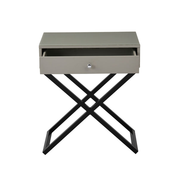English Elm Dario Contemporary End Table with Tempered Glass Top Open Shelf and Storage Drawer Taupe B2749P413398