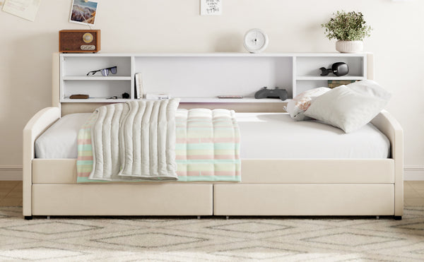 English Elm Twin Velvet Upholstered Platform Bed with Plush Headboard, Underbed Drawers & Hidden Cabinet Storage Beige SF000183AAA