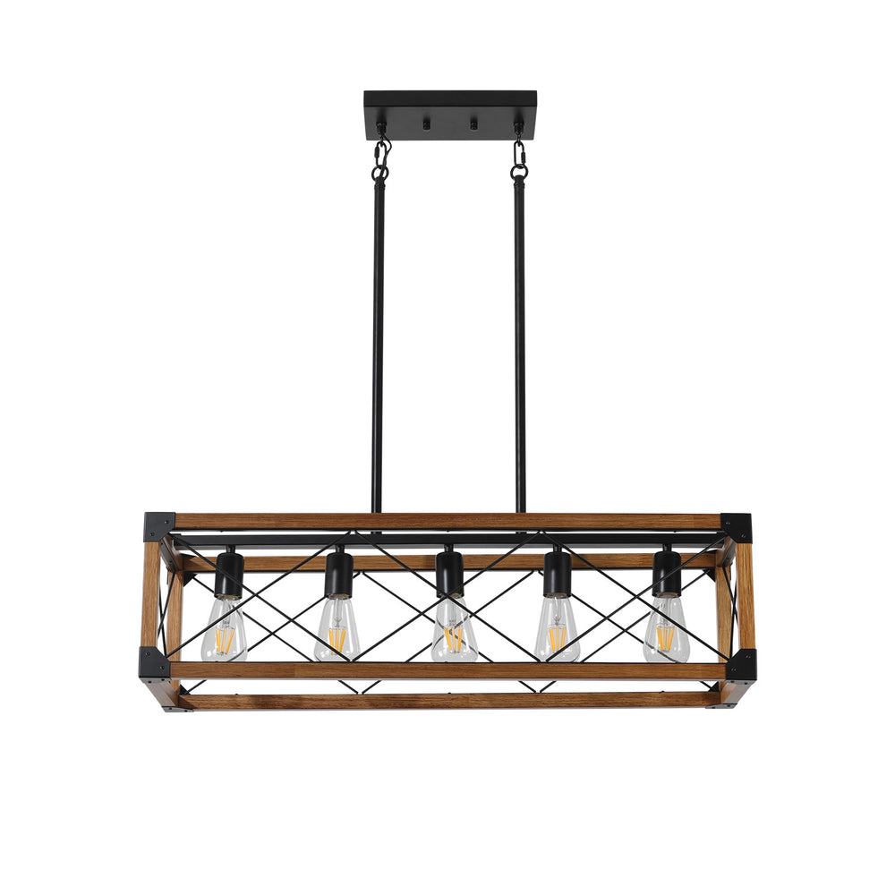 English Elm 32" Walnut Industrial Farmhouse Pendant Light Chandelier – 5-Light Fixture For Dining & Cafe Spaces W2312P368674