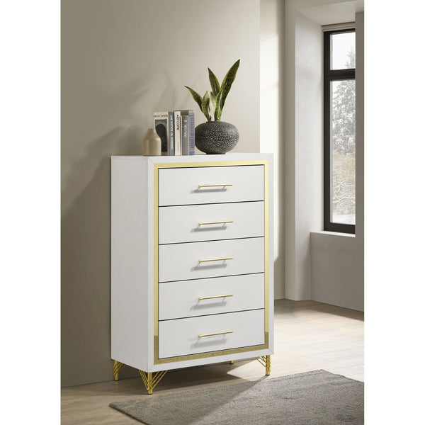 English Elm Chesney 5-Drawer Chest: Elegant White Storage Solution With Gold Accents For Modern Bedrooms B062P353272