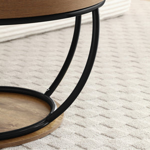 English Elm 31" Round Industrial Coffee Table Wood Grain Veneer Top Two Tier Open Shelf Living Room Black W1117P414751