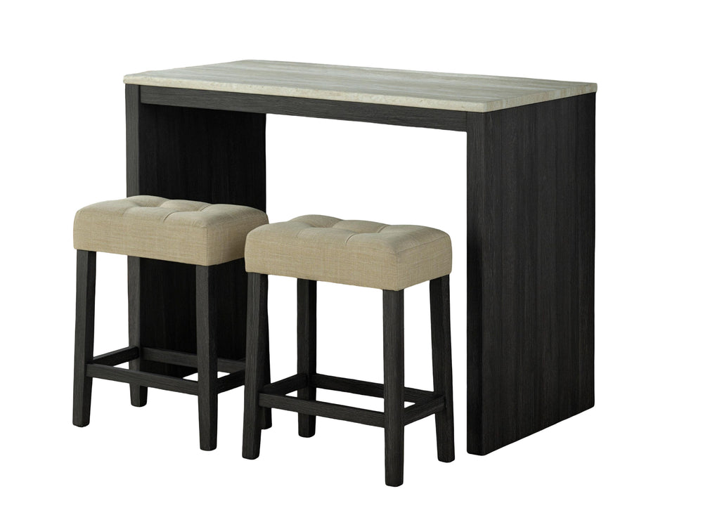 English Elm Two-Tone Travertine Top 3pc Dining Set with Biscuit-Tufted Beige Stools, Black/Gray Transitional Chic B2741P301915