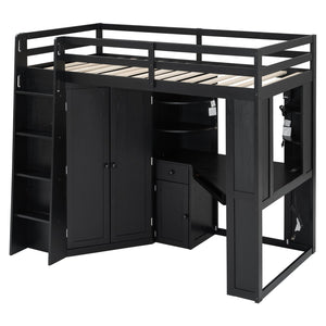 English Elm Twin Loft Bed with Wardrobe Desk Charging Station and Spotlights for Small Rooms Black LT000450AAB