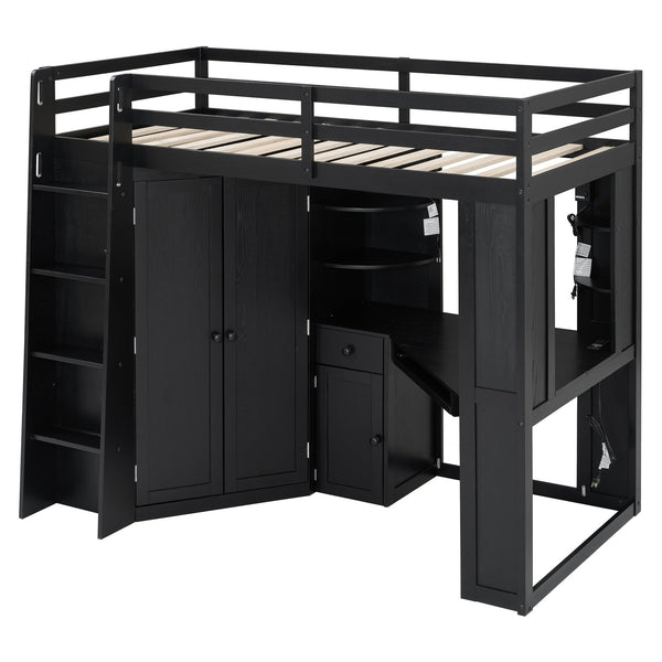 English Elm Twin Loft Bed with Wardrobe Desk Charging Station and Spotlights for Small Rooms Black LT000450AAB