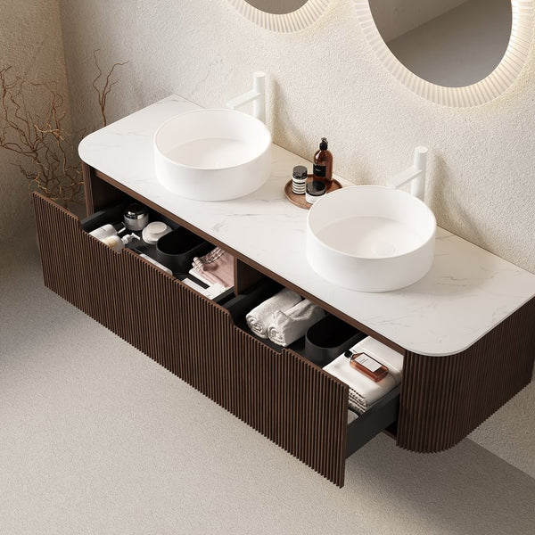 English Elm Dina 60" Wall-Mounted Bathroom Vanity With 2 Ceramic Sinks, Stylish Storage & Modern Curved Design W2615S00127
