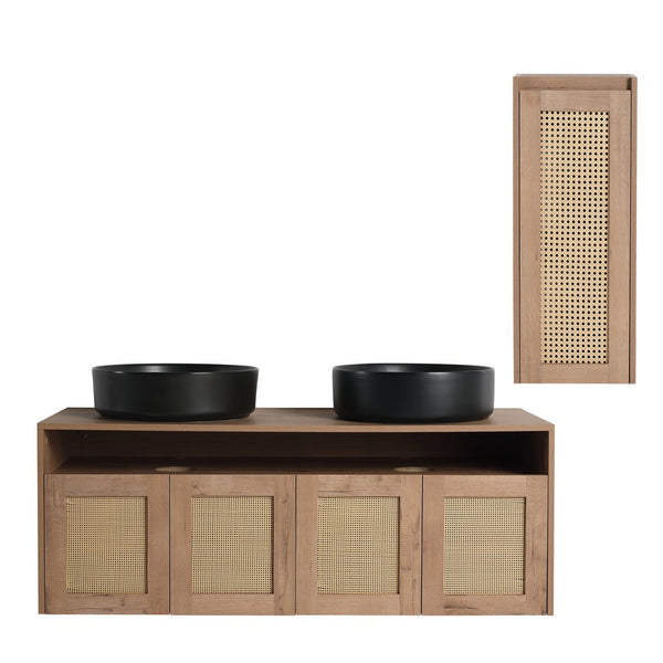 English Elm 48" Floating Bathroom Vanity Oak Finish Dual Ceramic Sinks Four Soft Close Doors W999S00499