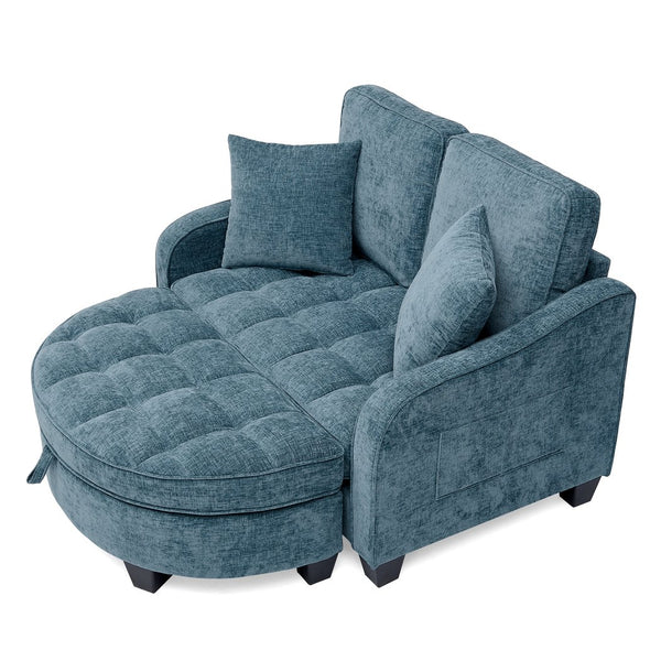 English Elm Two-seater Corduroy Loveseat with Sculptural Asymmetric Design and Hidden Ottoman Storage Blue W487S00464