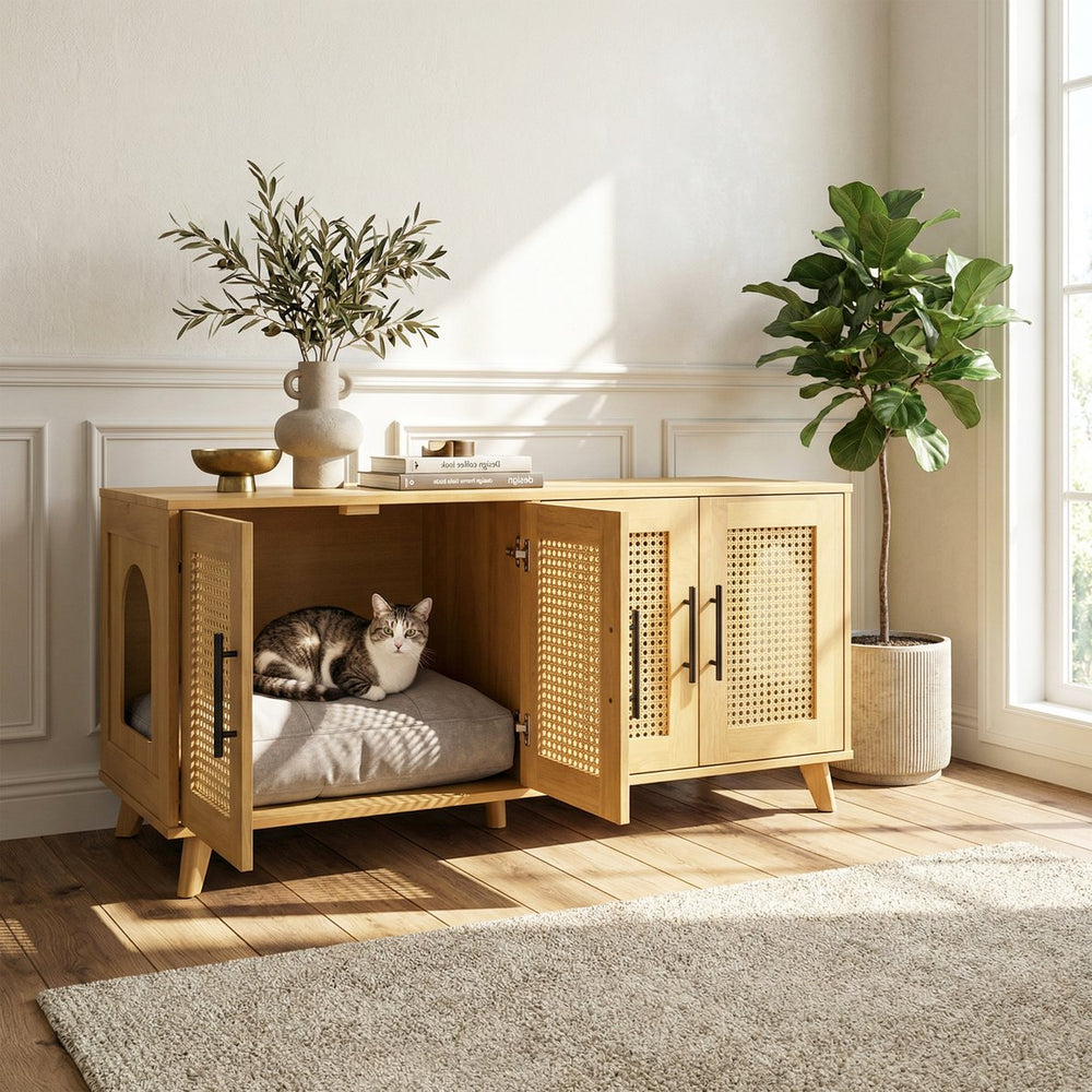 English Elm Lars Rubberwood Rattan Dog Crate Cabinet Stylish Pet Kennel for Living Room Natural N775P397559N