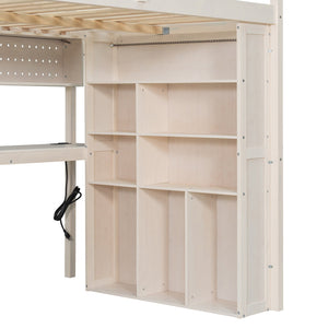 English Elm Full Loft Bed with Integrated Wardrobe Desk Shelving and Led Lighting for Teen Rooms Beige LT000927AAA